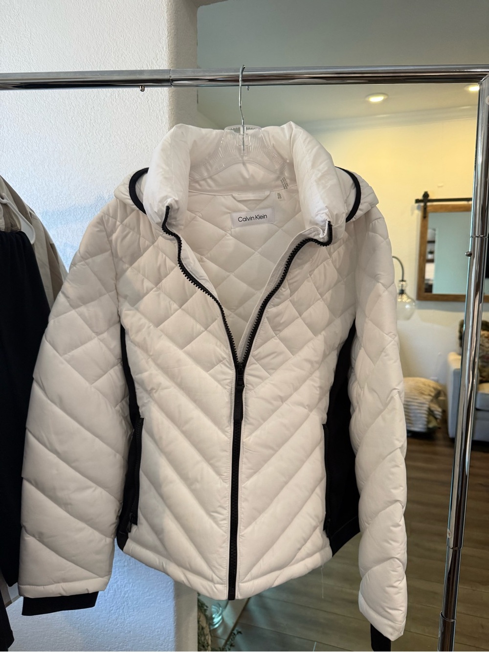 Calvin Klein White Quilted Puffer Jacket with Black Trim
